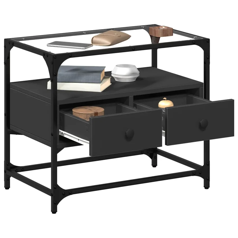 Meuble TV et dessus en verre noir 60x35x51 cm bois d'ingénierie - 3