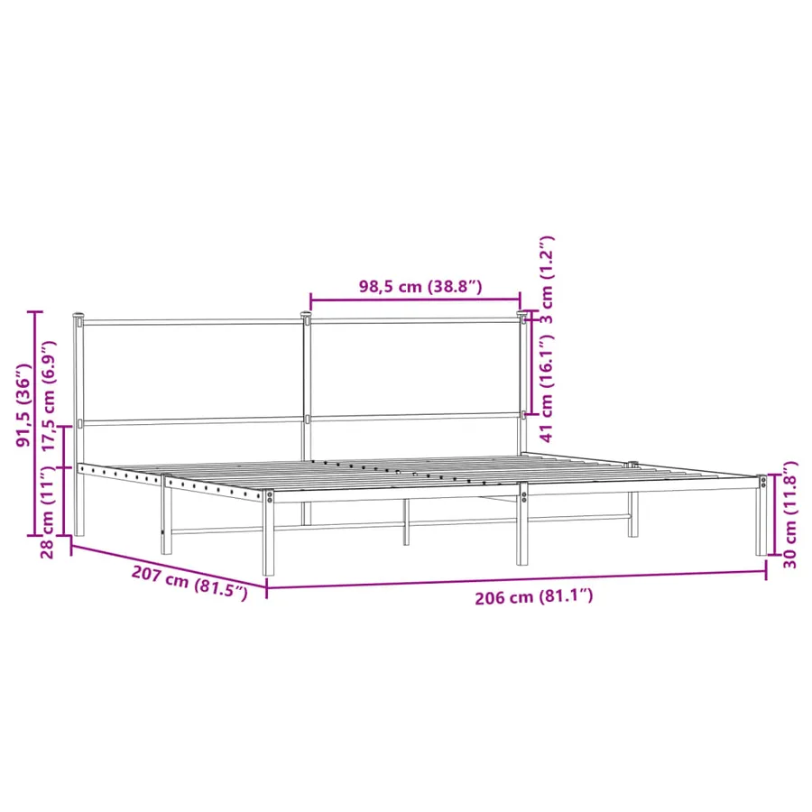 Cadre de lit en métal sans matelas chêne fumé 200x200 cm - 10
