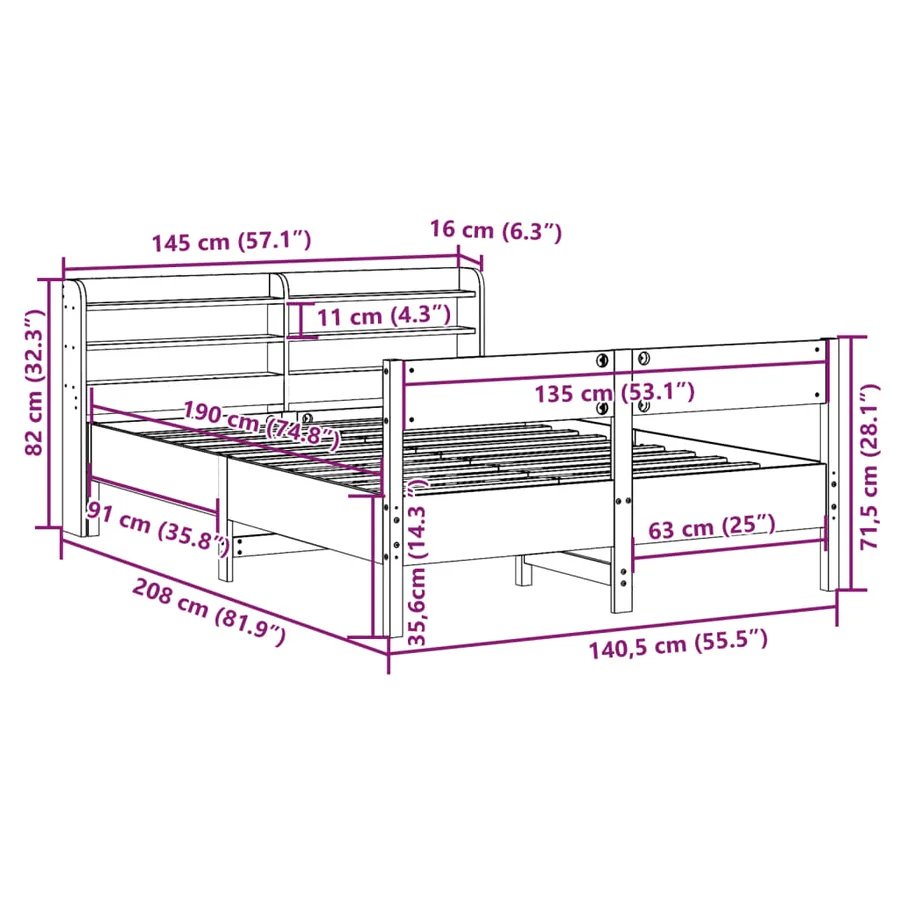 Cadre de lit sans matelas blanc 135x190 cm bois de pin massif - 12