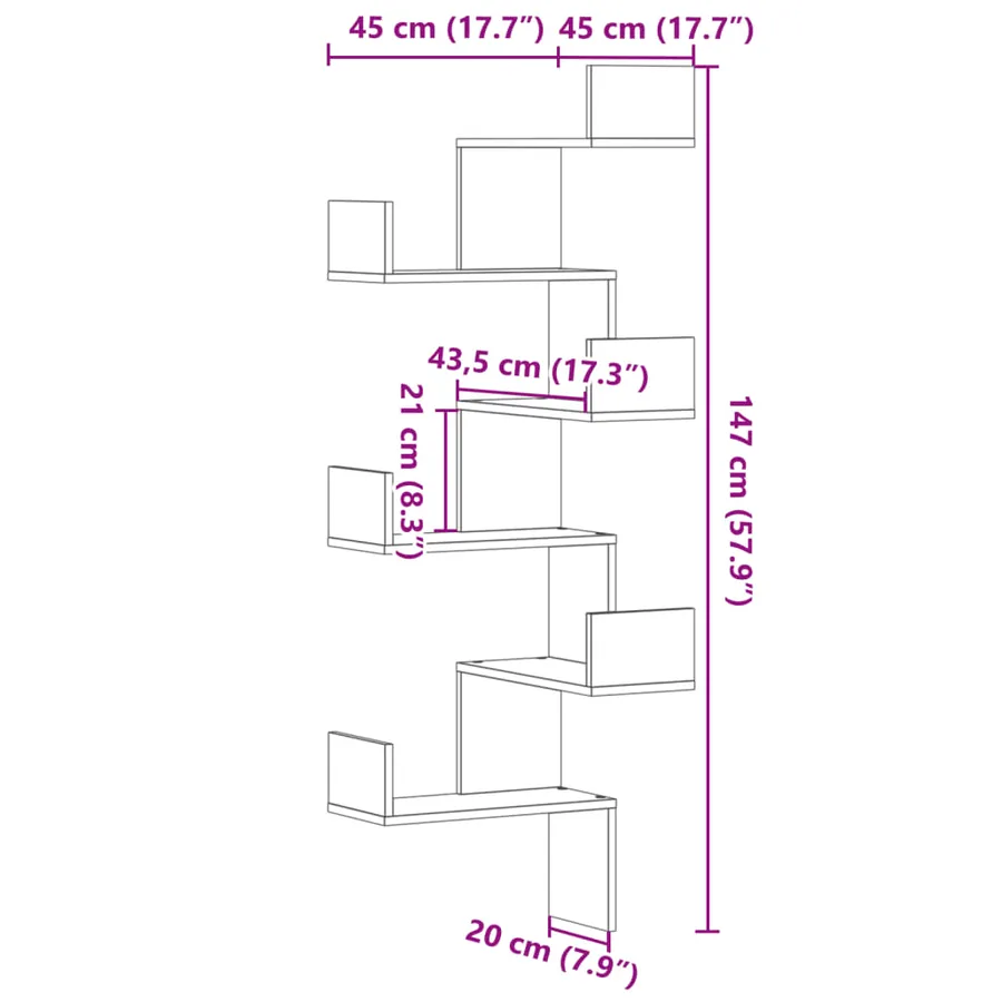 Étagère d'angle murale chêne sonoma 45x45x147cm bois ingénierie - 9