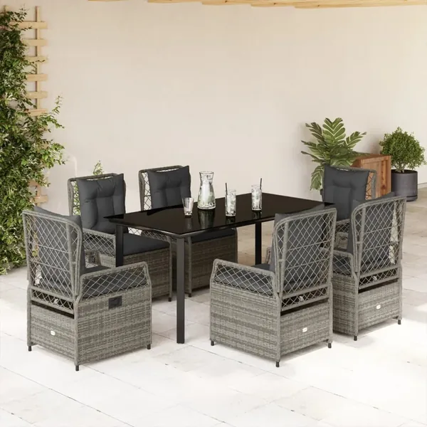 Ensemble à manger de jardin et coussins 7 pcs gris rotin