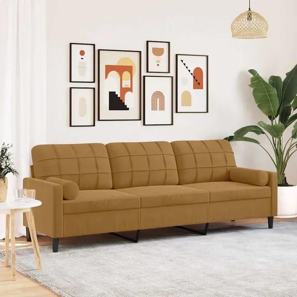 Canapé 3 places avec oreillers décoratifs marron 210 cm velours