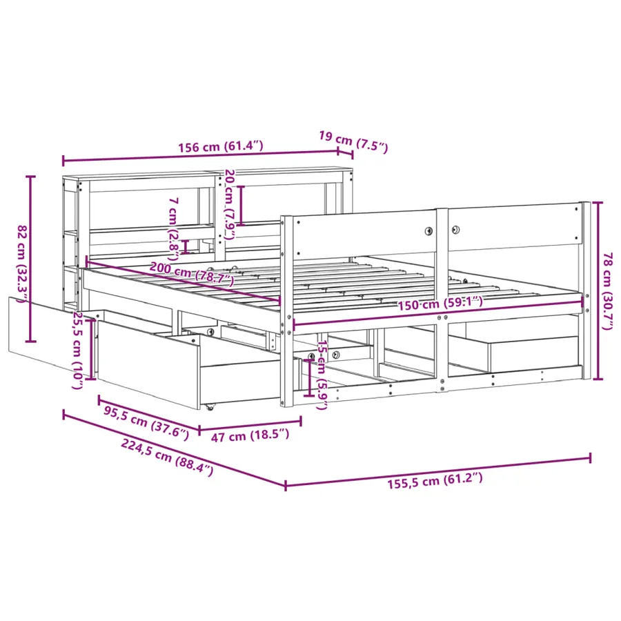 Cadre de lit sans matelas cire marron 160x200cm bois pin massif - 12