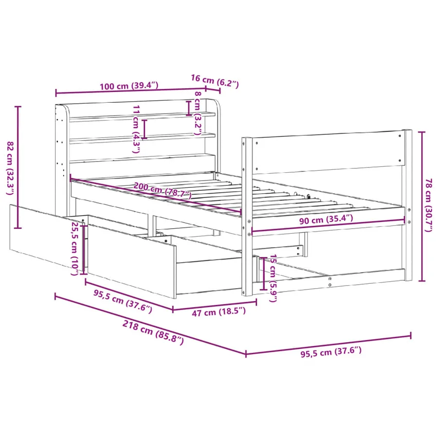 Cadre de lit sans matelas blanc 90x200 cm bois de pin massif - 12