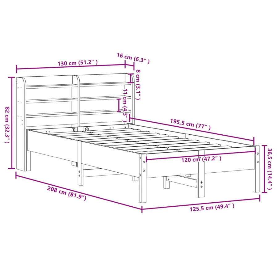 Cadre de lit sans matelas cire marron 120x190cm bois pin massif - 12