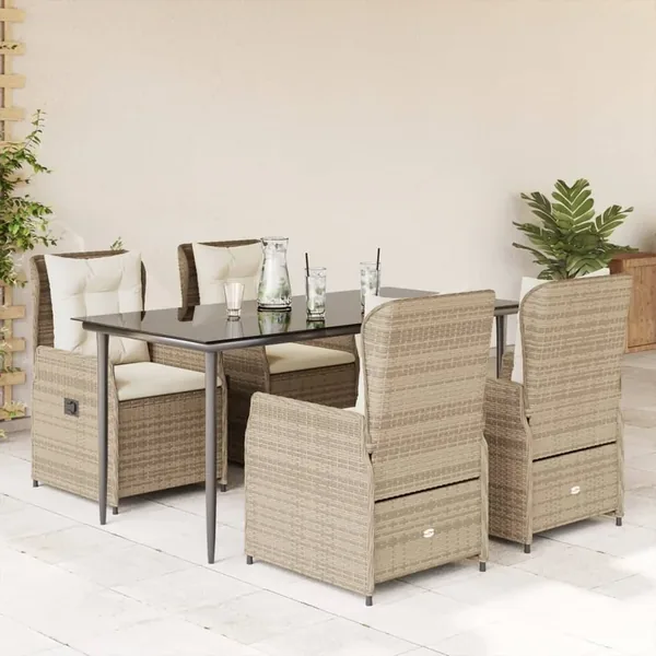 Ensemble à manger de jardin avec coussins 5pcs Beige poly rotin