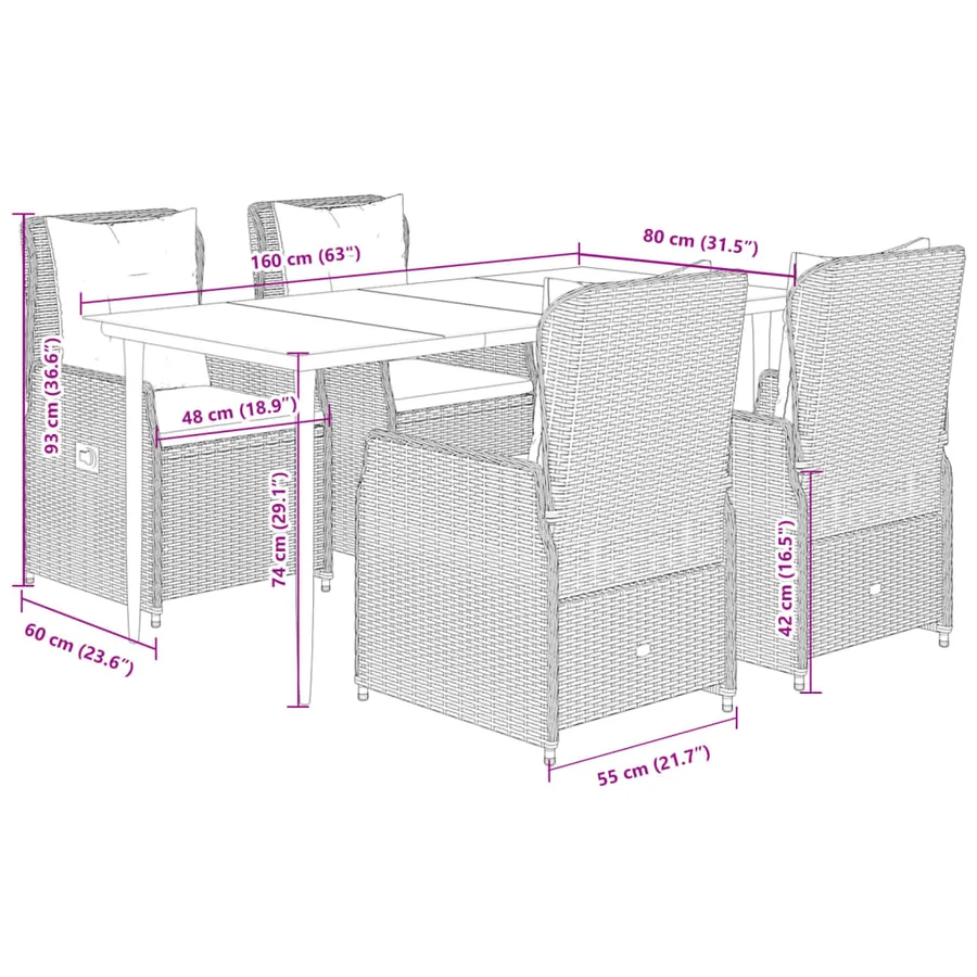 Ensemble à manger de jardin avec coussins 5pcs Beige poly rotin - 8