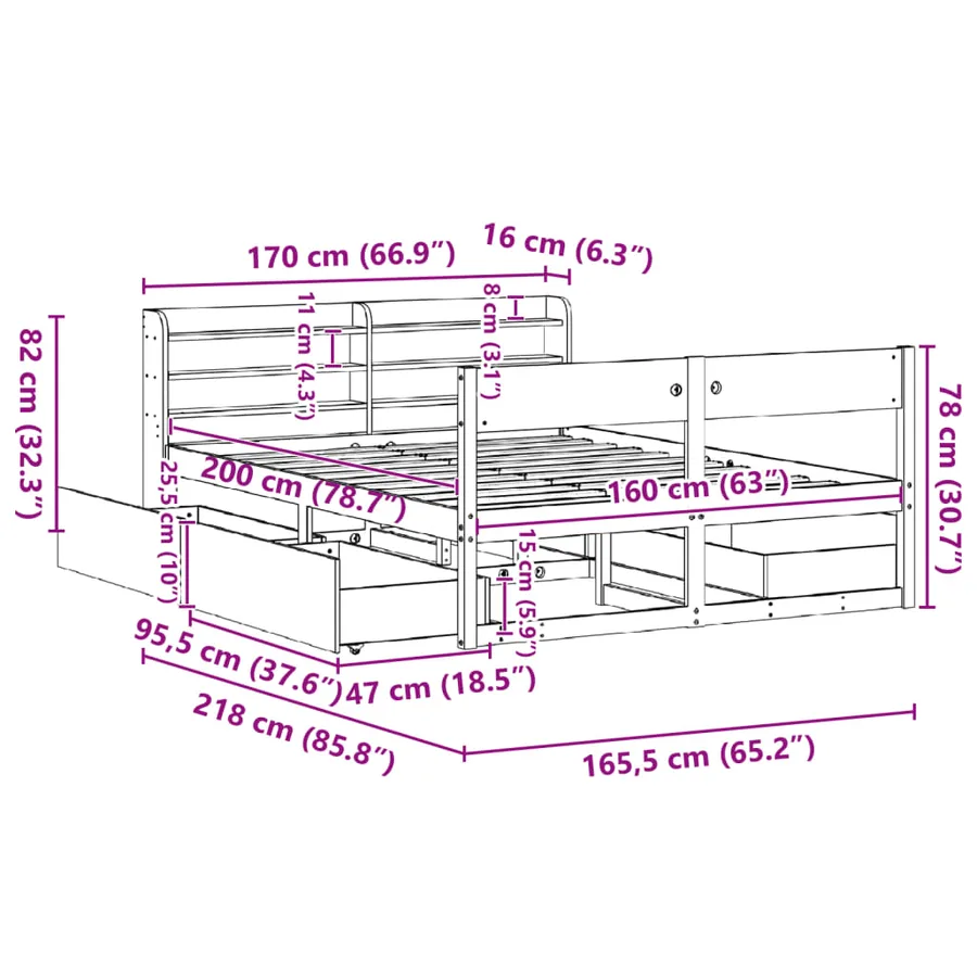 Cadre de lit sans matelas cire marron 160x200cm bois pin massif - 12
