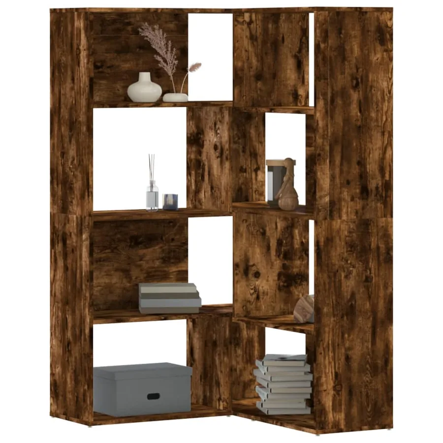 Bibliothèque d'angle à 4 niveaux chêne fumé bois d'ingénierie