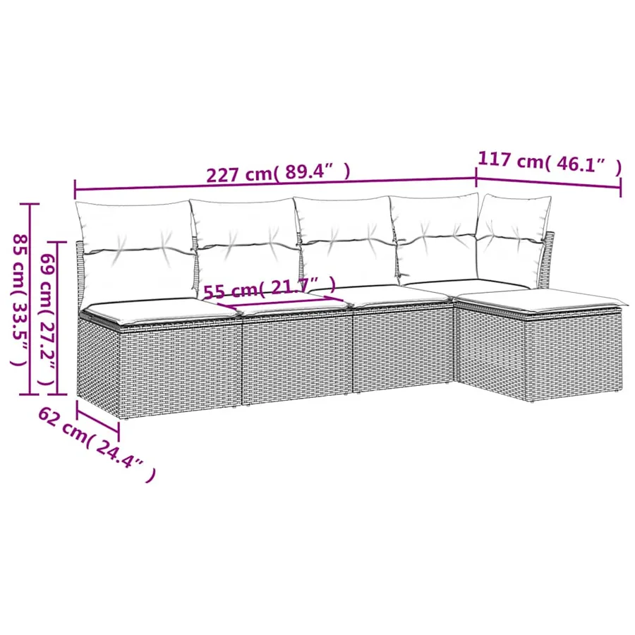 Salon de jardin 5 pcs avec coussins gris clair résine tressée - 3