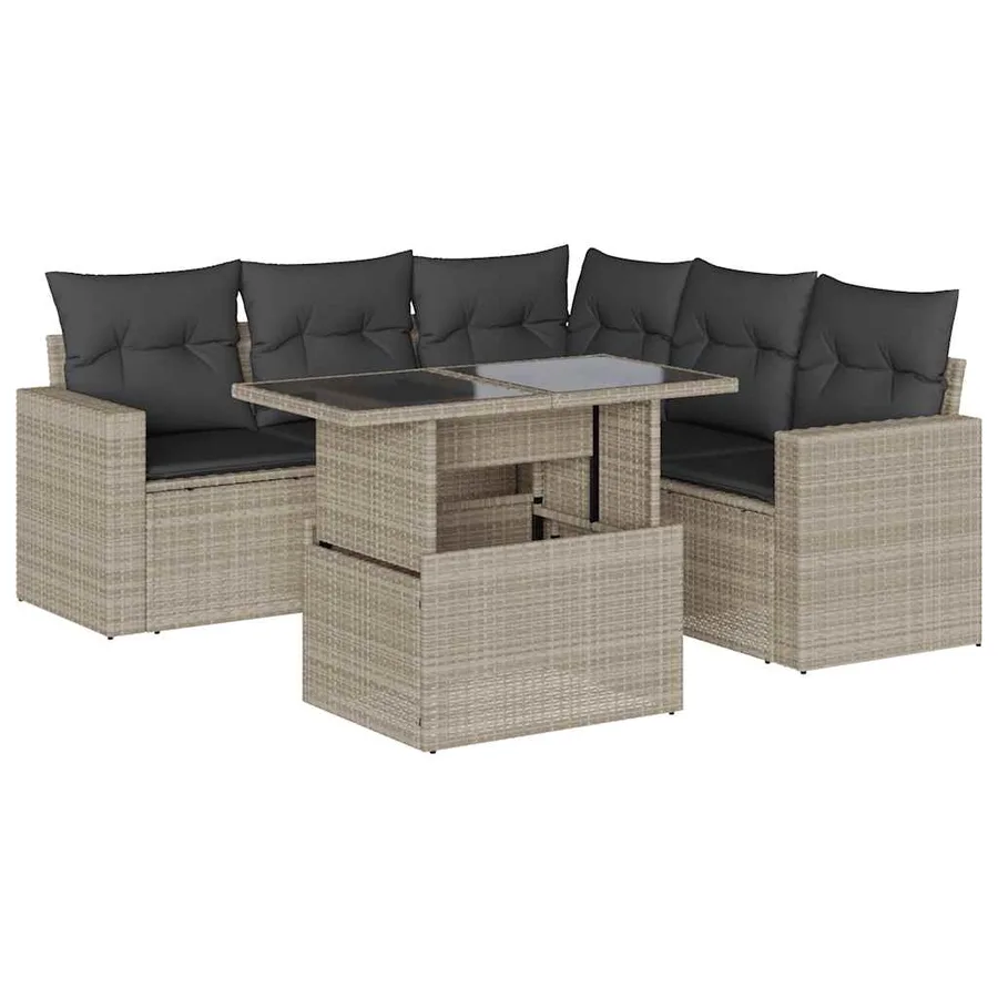 Salon de jardin 6 pcs avec coussins gris clair résine tressée - 2