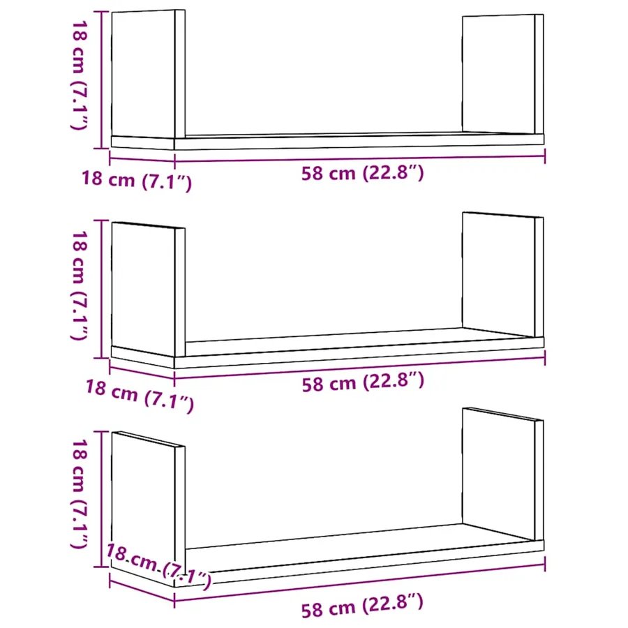 Étagères murales 3 pcs noir 58x18x18 cm bois d'ingénierie - 10