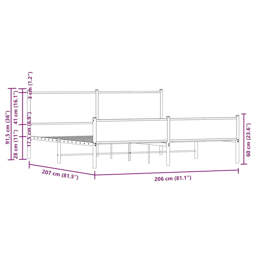 Cadre de lit en métal sans matelas chêne fumé 200x200 cm - 10