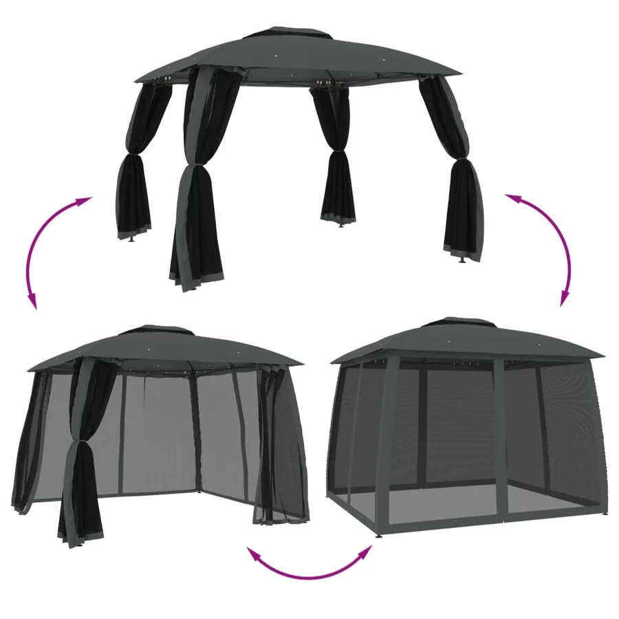 Tonnelle avec double toit et parois en filet anthracite acier - 6