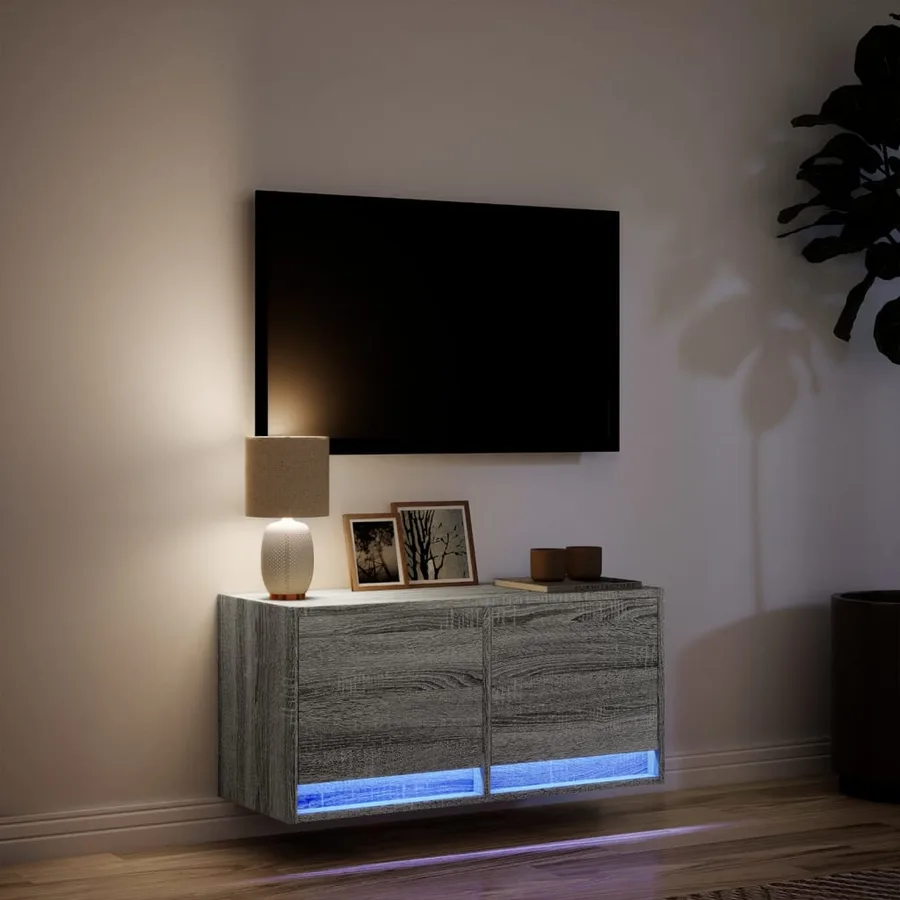 Meuble TV mural avec lumières LED sonoma gris 80x31x35 cm - 5