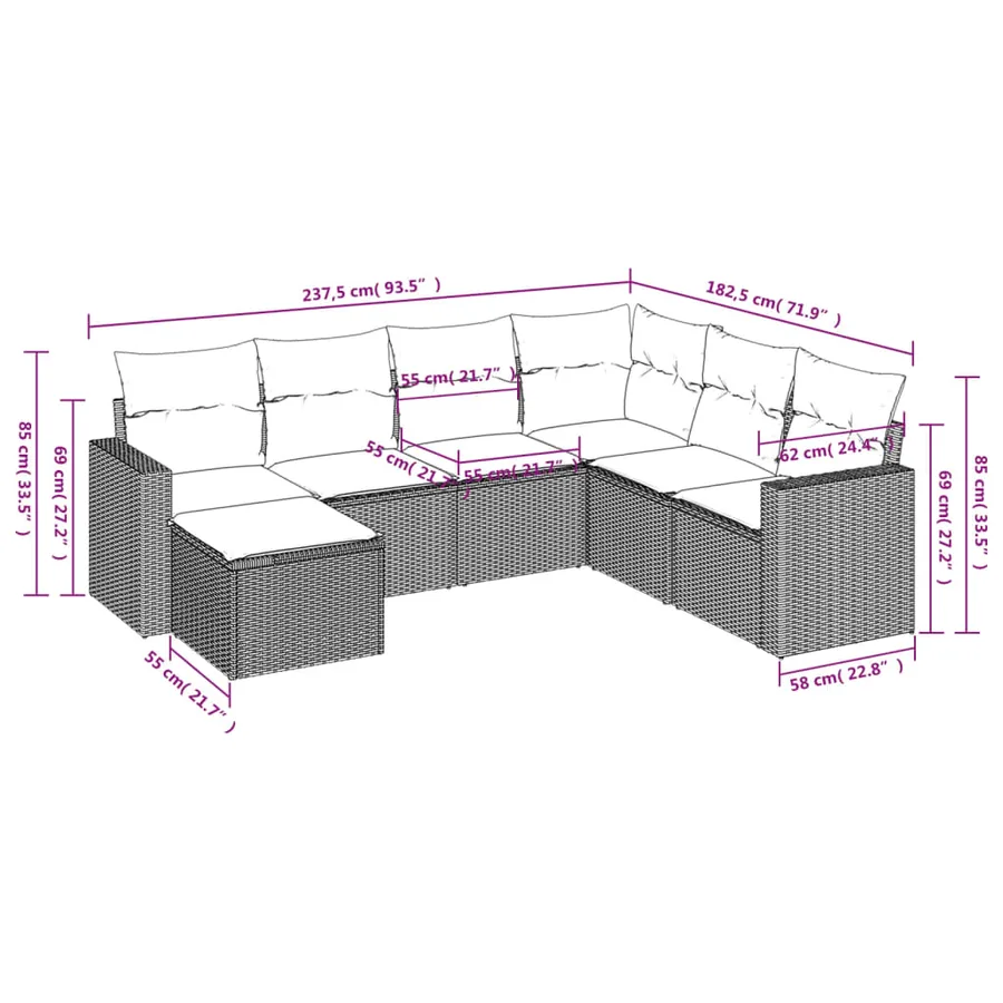 Salon de jardin avec coussins 7 pcs gris clair résine tressée - 3