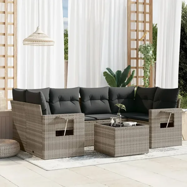 Salon de jardin avec coussins 7 pcs gris clair résine tressée