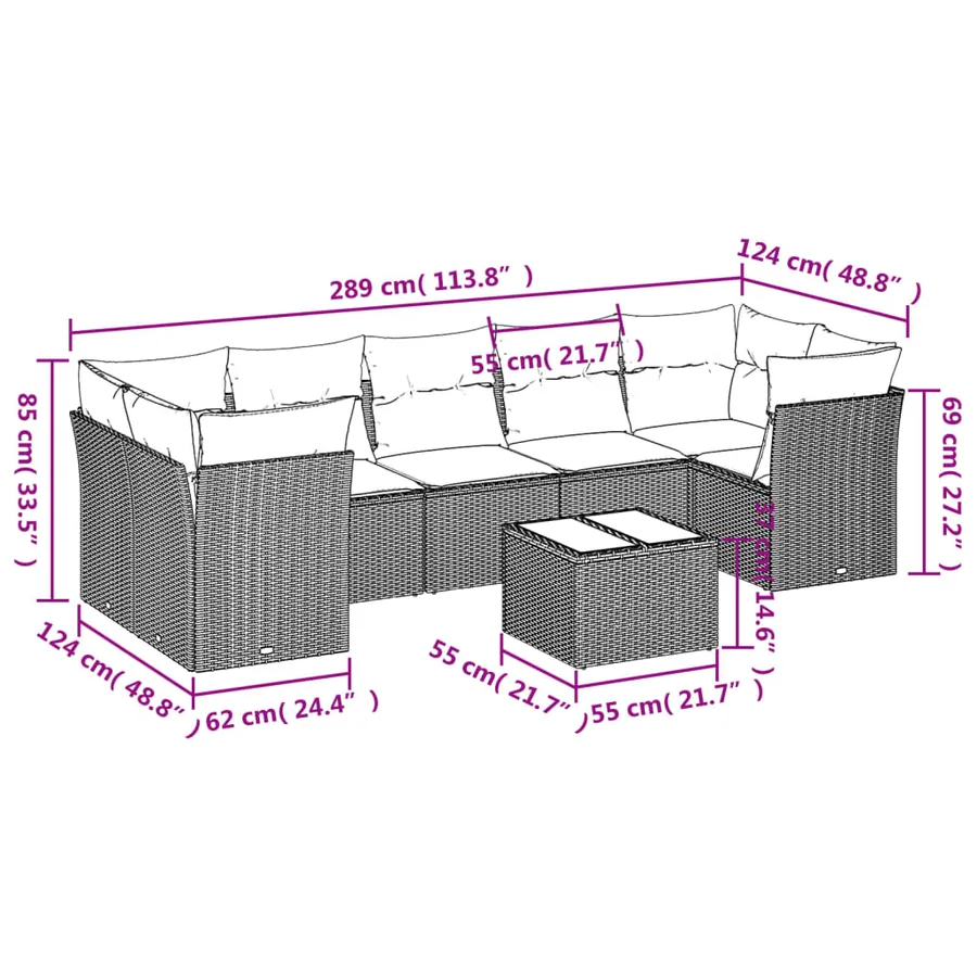 Salon de jardin 8 pcs avec coussins gris clair résine tressée - 3