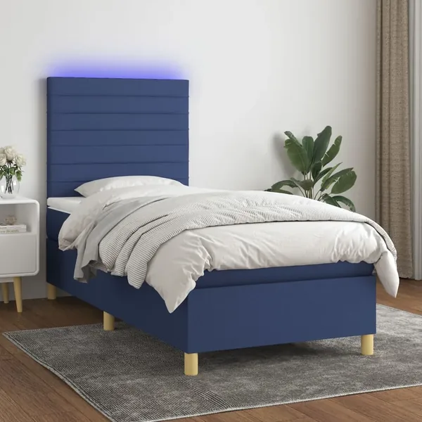 Sommier à lattes de lit et matelas et LED Bleu 90x190 cm Tissu