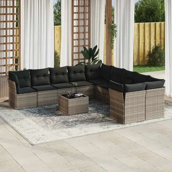 Salon de jardin 11 pcs avec coussins gris clair résine tressée