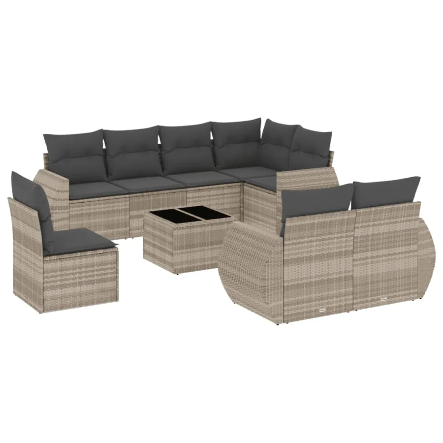 Salon de jardin 9 pcs avec coussins gris clair résine tressée - 2