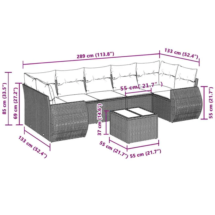 Salon de jardin 8 pcs avec coussins gris clair résine tressée - 8
