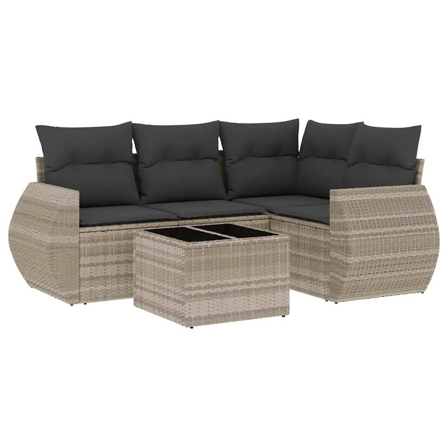 Salon de jardin 5 pcs avec coussins gris clair résine tressée - 2