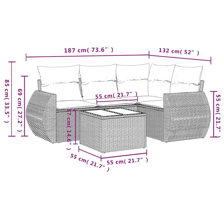 Salon de jardin 5 pcs avec coussins gris clair résine tressée - 8