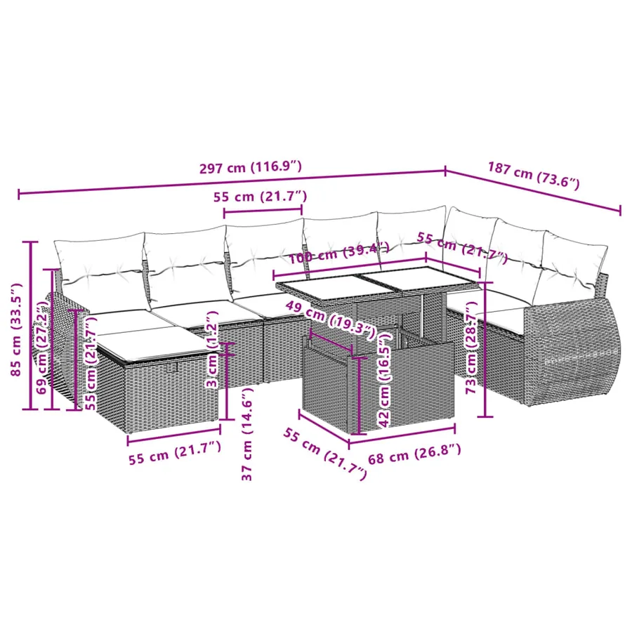 Salon de jardin 9 pcs avec coussins gris clair résine tressée - 13