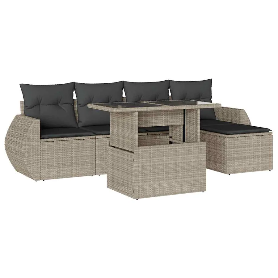 Salon de jardin 6 pcs avec coussins gris clair résine tressée - 2