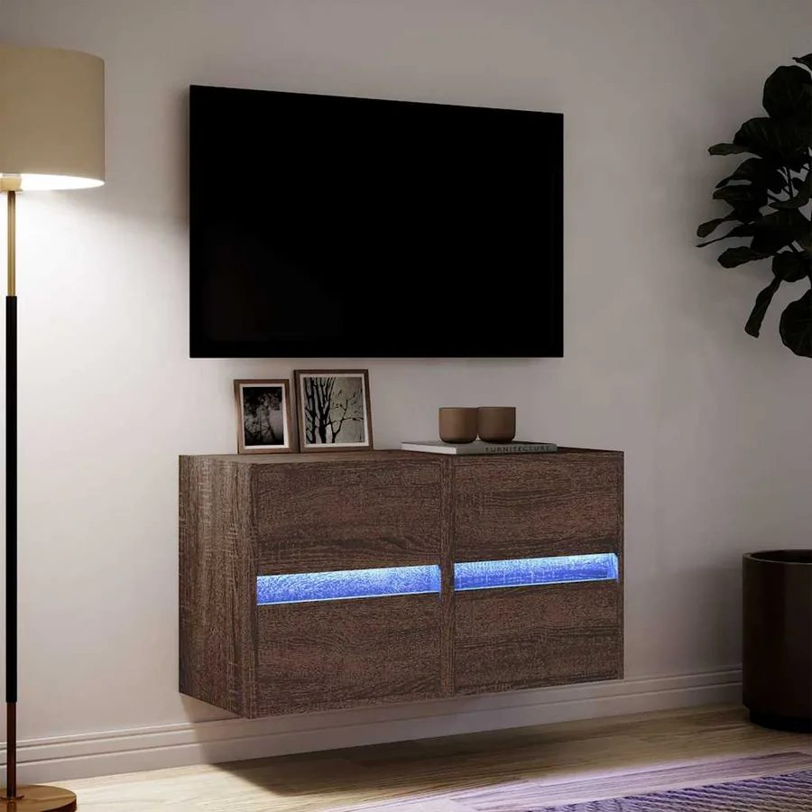 Meubles TV muraux lumières LED 2 pcs chêne marron 41x31x45 cm - 5