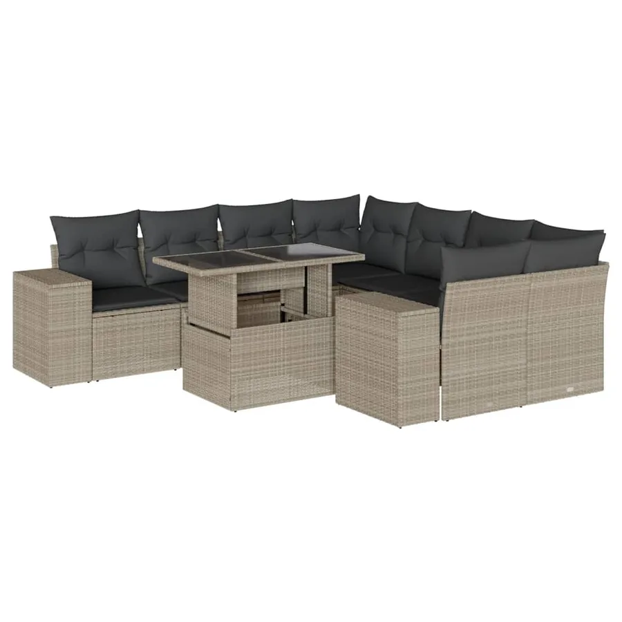 Salon de jardin 9 pcs avec coussins gris clair résine tressée - 2