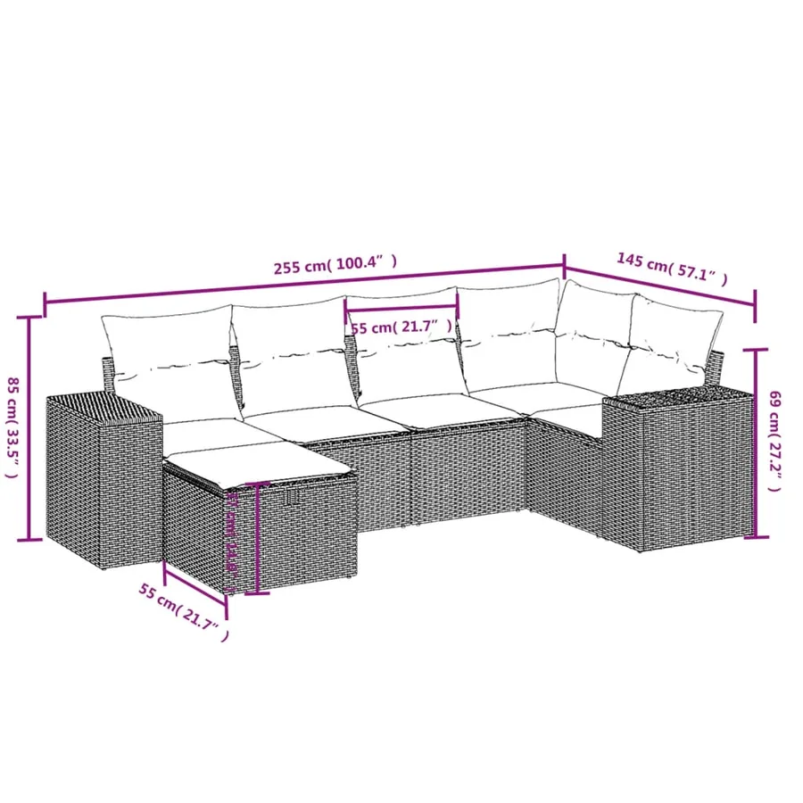 Salon de jardin 6 pcs avec coussins gris clair résine tressée - 4