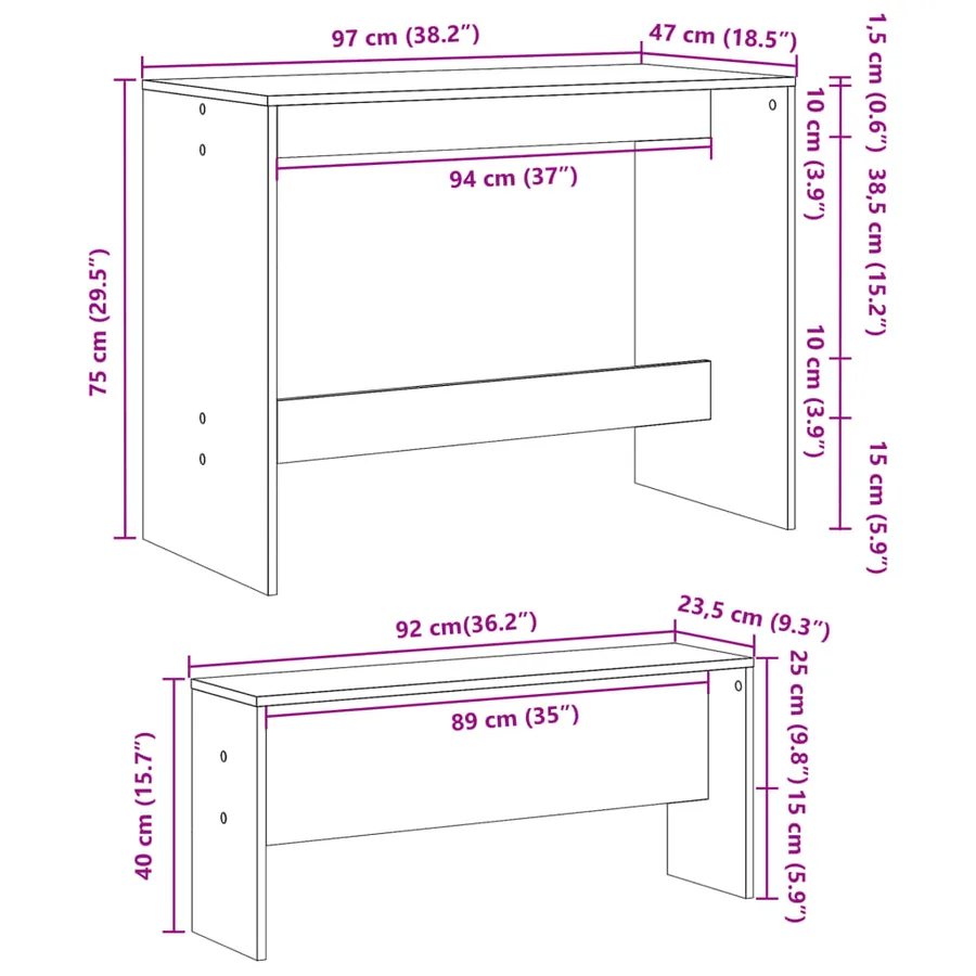 Ensemble table à manger et bancs 3 pcs bois d'ingénierie - 10