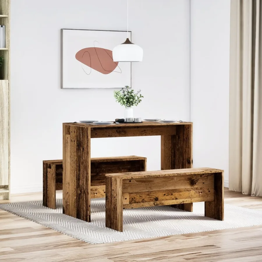 Ensemble table à manger et bancs 3 pcs bois d'ingénierie - 3