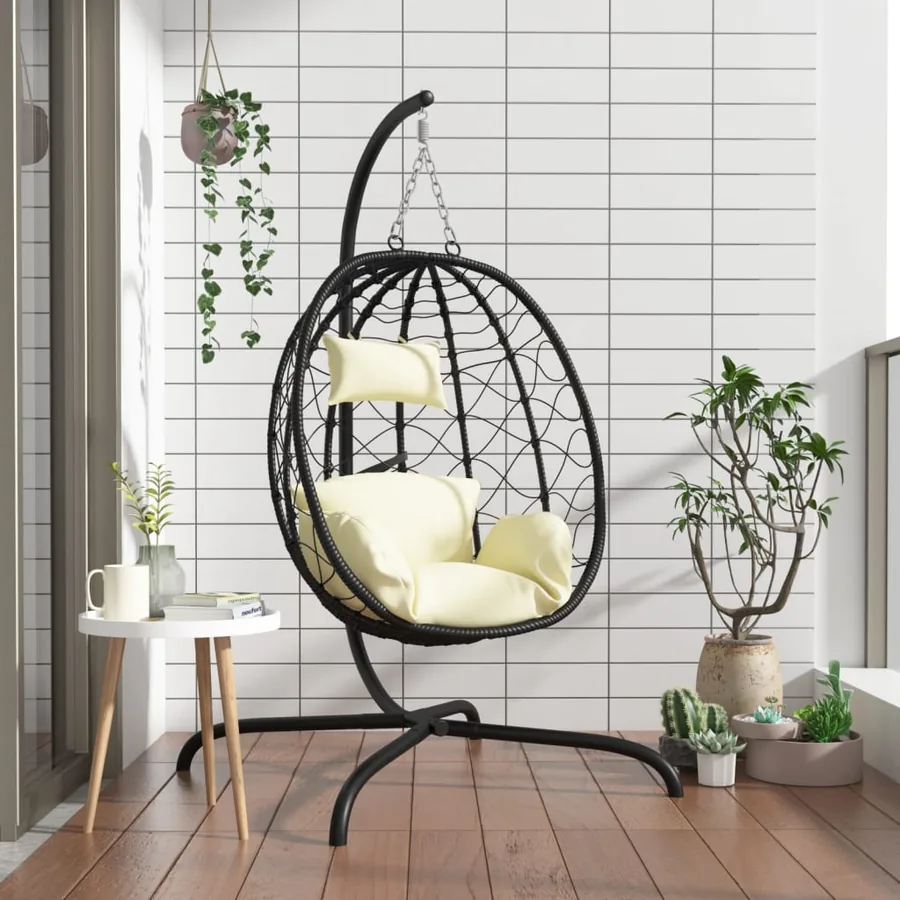 Fauteuil suspendu avec coussin en polyrotin et acier blanc crème