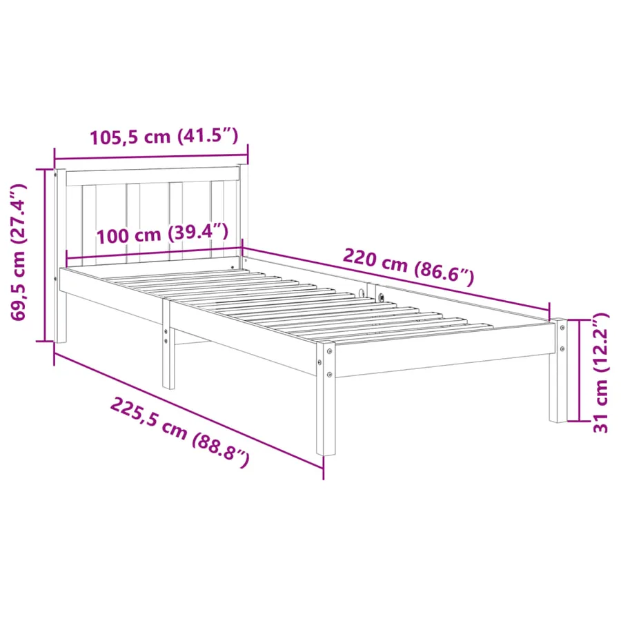 Cadre de lit extra long sans matelas 100x220 cm bois massif pin - 9