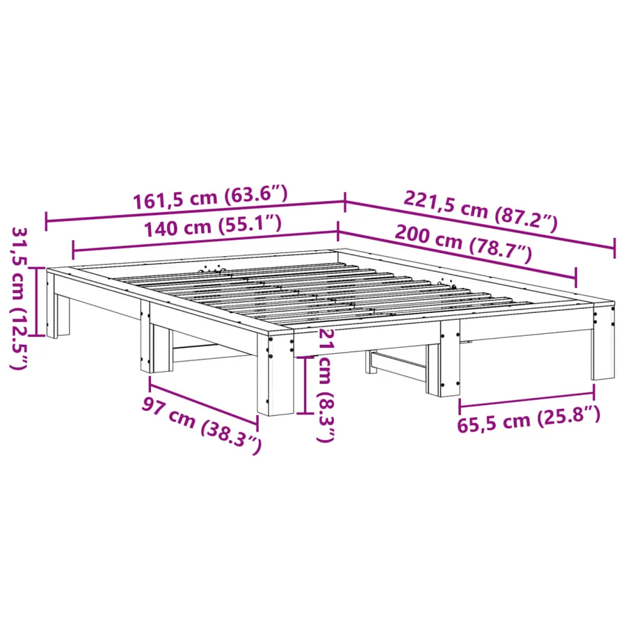 Cadre de lit sans matelas blanc 140x200 cm bois de pin massif - 8