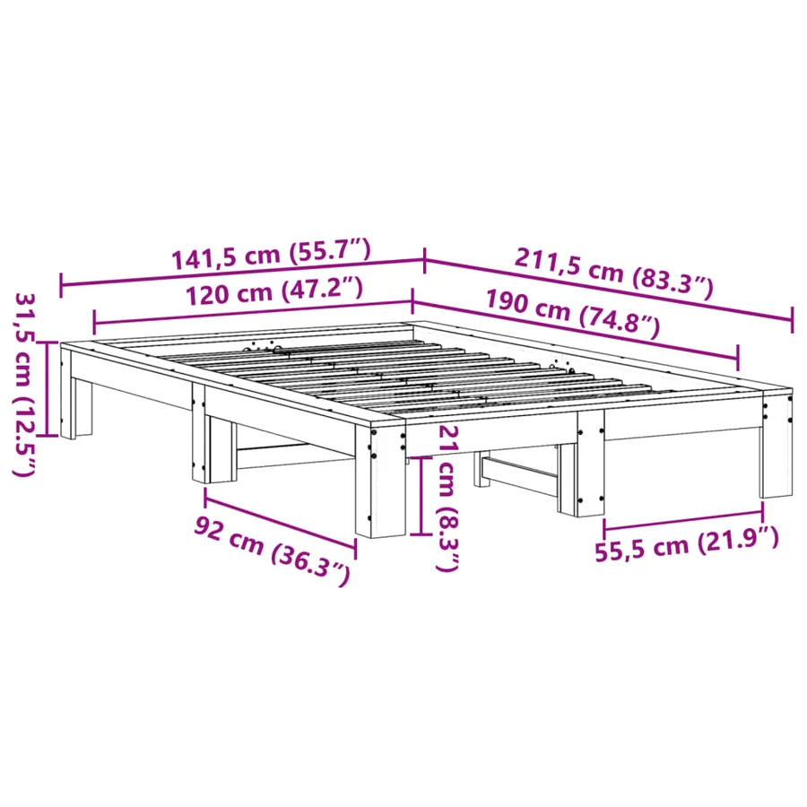 Cadre de lit sans matelas blanc 120x190 cm bois de pin massif - 8
