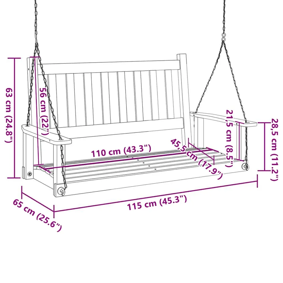 Banc de balançoire de jardin chaînes en métal bois massif sapin - 8