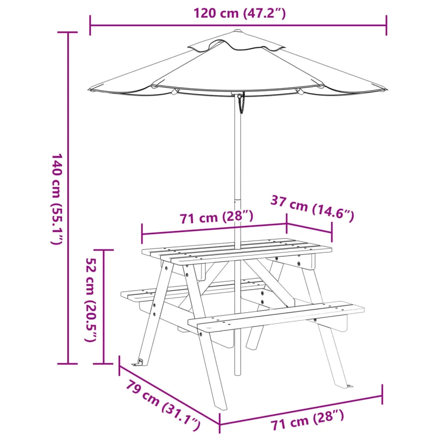 Table de pique-nique pour 4 enfants avec parasol bois de sapin - 11