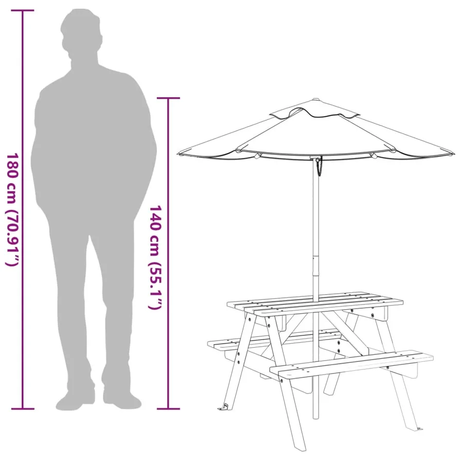 Table de pique-nique pour 4 enfants avec parasol bois de sapin - 12