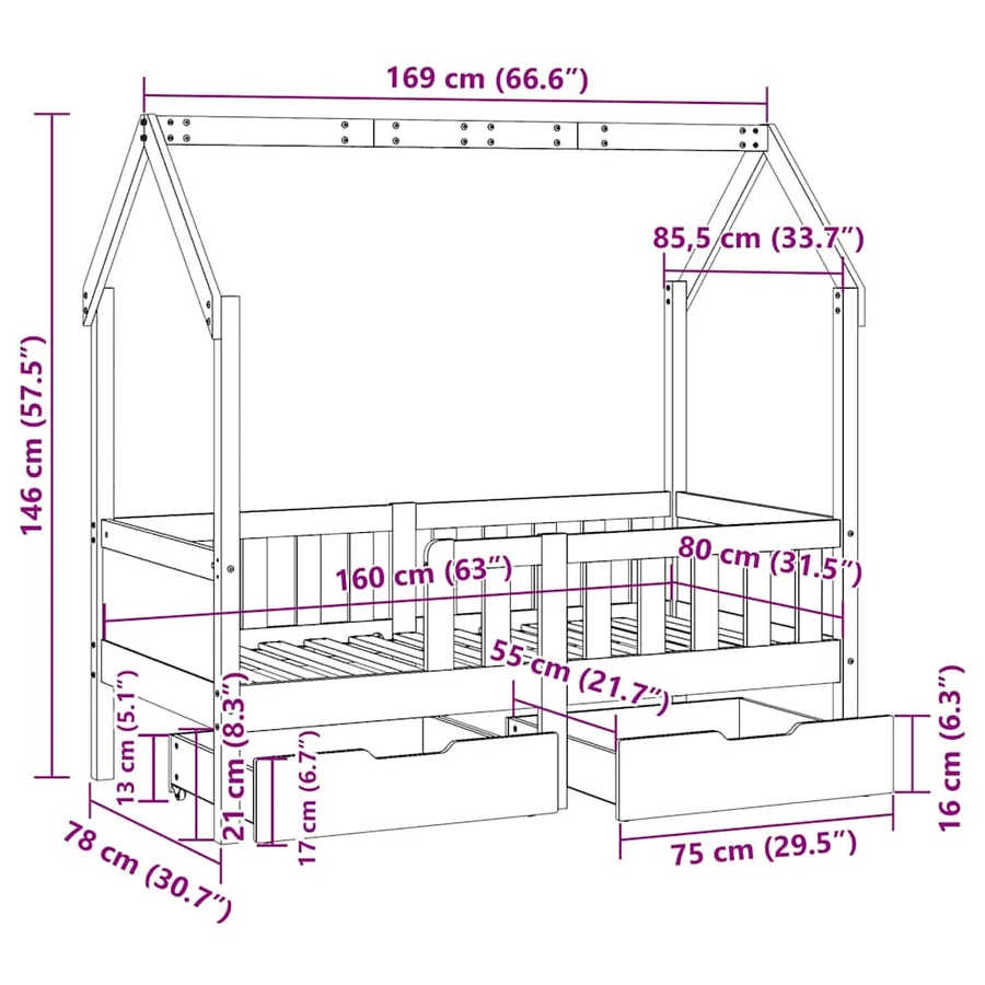 Cadre de lit enfant avec tiroirs sans matelas 80x170 cm bois - 12
