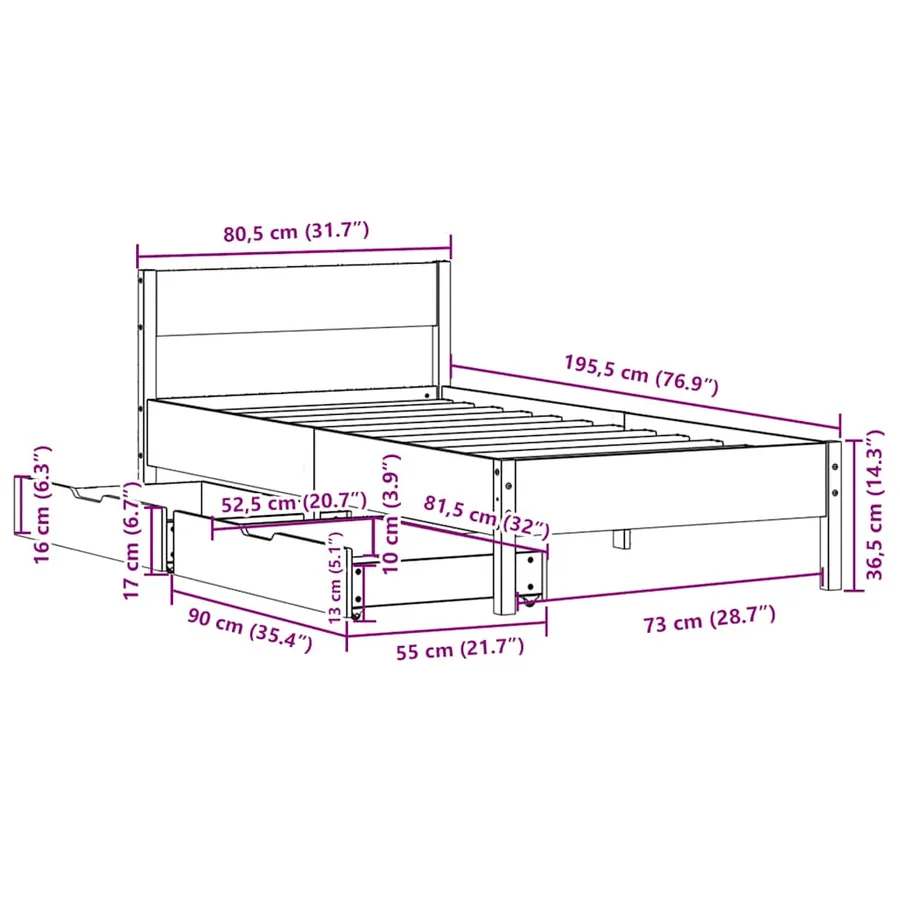 Cadre de lit sans matelas 75x190 cm bois de pin massif - 12