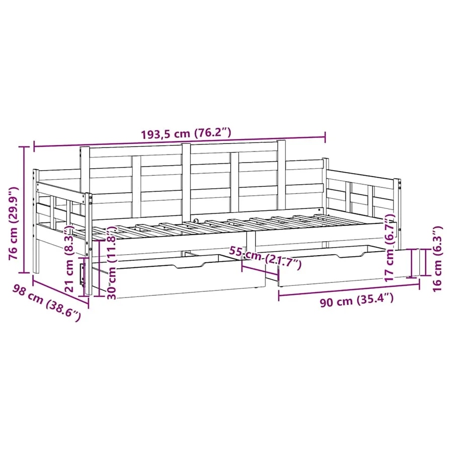 Lit de jour et tiroirs sans matelas blanc 90x190 cm bois massif - 12