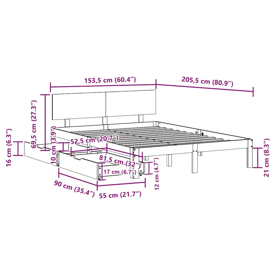 Cadre de lit avec tiroirs sans matelas blanc 150x200 cm - 11