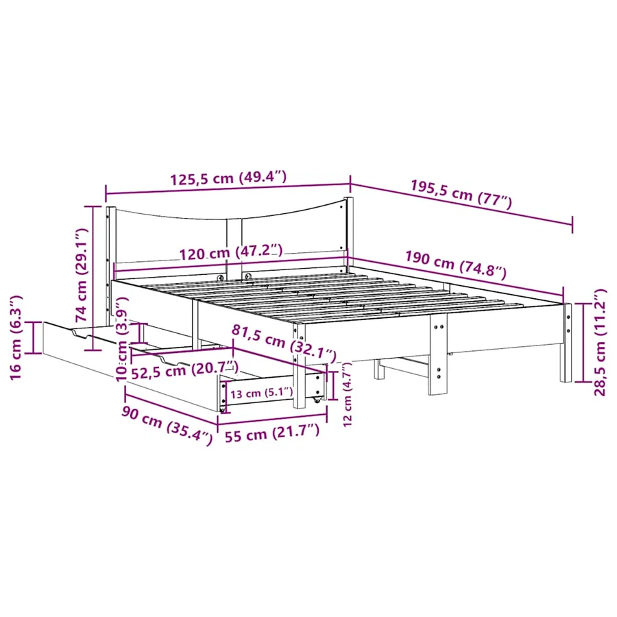 Cadre de lit avec tiroirs blanc 120x190 cm bois pin massif - 11