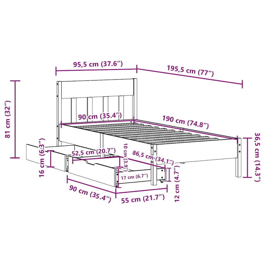 Cadre de lit sans matelas cire marron 90x190 cm bois pin massif - 11