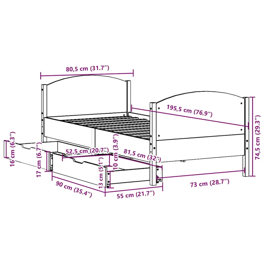 Cadre de lit sans matelas cire marron 75x190 cm bois pin massif - 12
