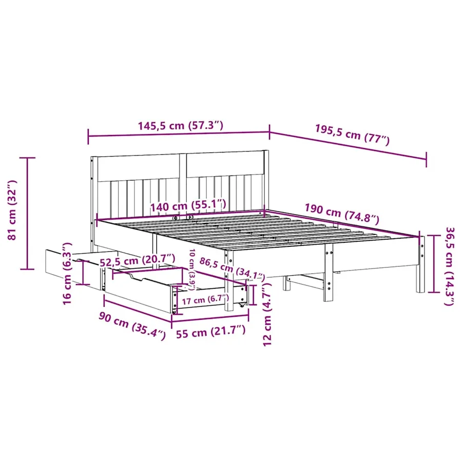 Cadre de lit sans matelas cire marron 140x190cm bois pin massif - 11